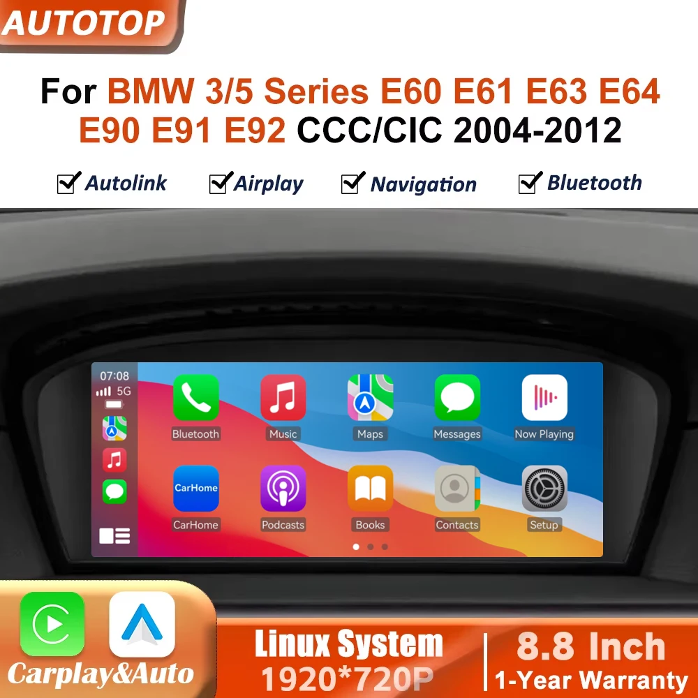 Autoradio da 8,8 pollici con CarPlay wireless e Android Auto per BMW Serie 3 e 5 E60 E61 E63 E64 E90 E91 E92 con sistema CCC CIC 2004-2012, sistemi intelligenti per auto, schermo touch smart, Wifi,