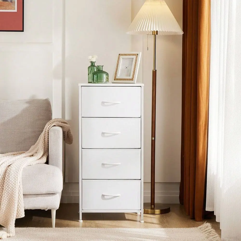 Dresser For Bedroom, 4 Storage Drawers, Tall Fabric Closet Chests Organizer Tower Furniture With Wooden Top Metal Frame For Clo