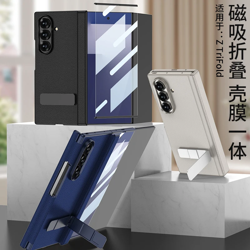 

Для Samsung Galaxy Z TriFold чехол с ремешком, держатель для телефона, кожаный флип-дизайн с защитной пленкой, деловой чехол для мобильного телефона