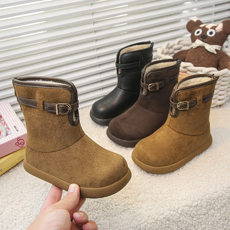 

Little Girls Plush Lining Leather Boots with Buckle 2025 New Winter Kids Warm Cotton Boots Non-slip Simple Christmas Party Boots