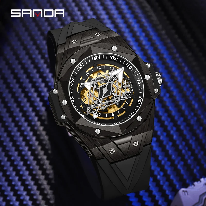 SANDA Luxury Watches For Men Automatic Mechanical Watch 30M Waterproof Rubber Strap Male Wristwatch Hollow out design dial