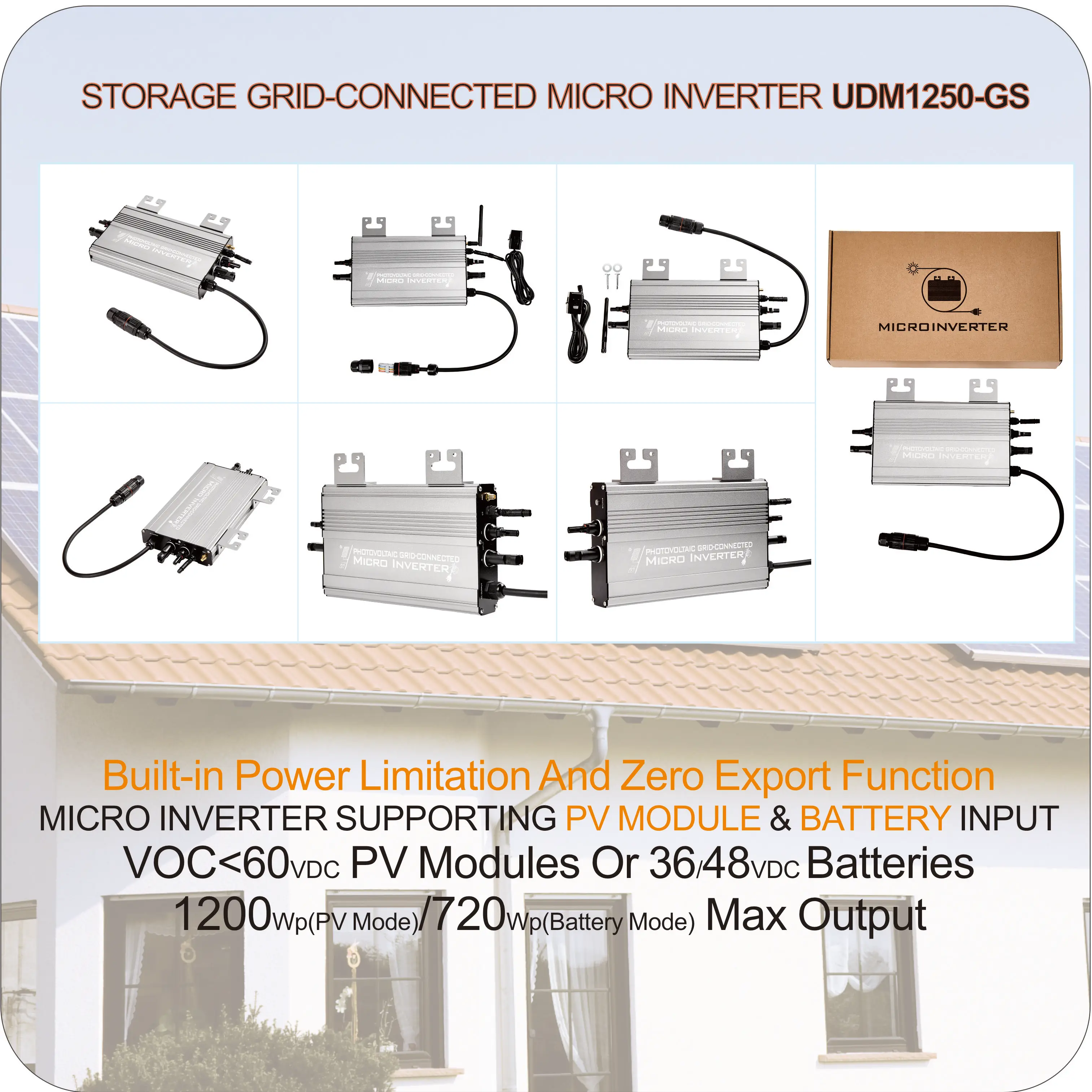 1200W/1000W/750W GS Hybrid Micro Inverter for Solar Pane & 36V/48V Battery Grid-Tie with Zero Export 180-265V AC | WiFi, IP65
