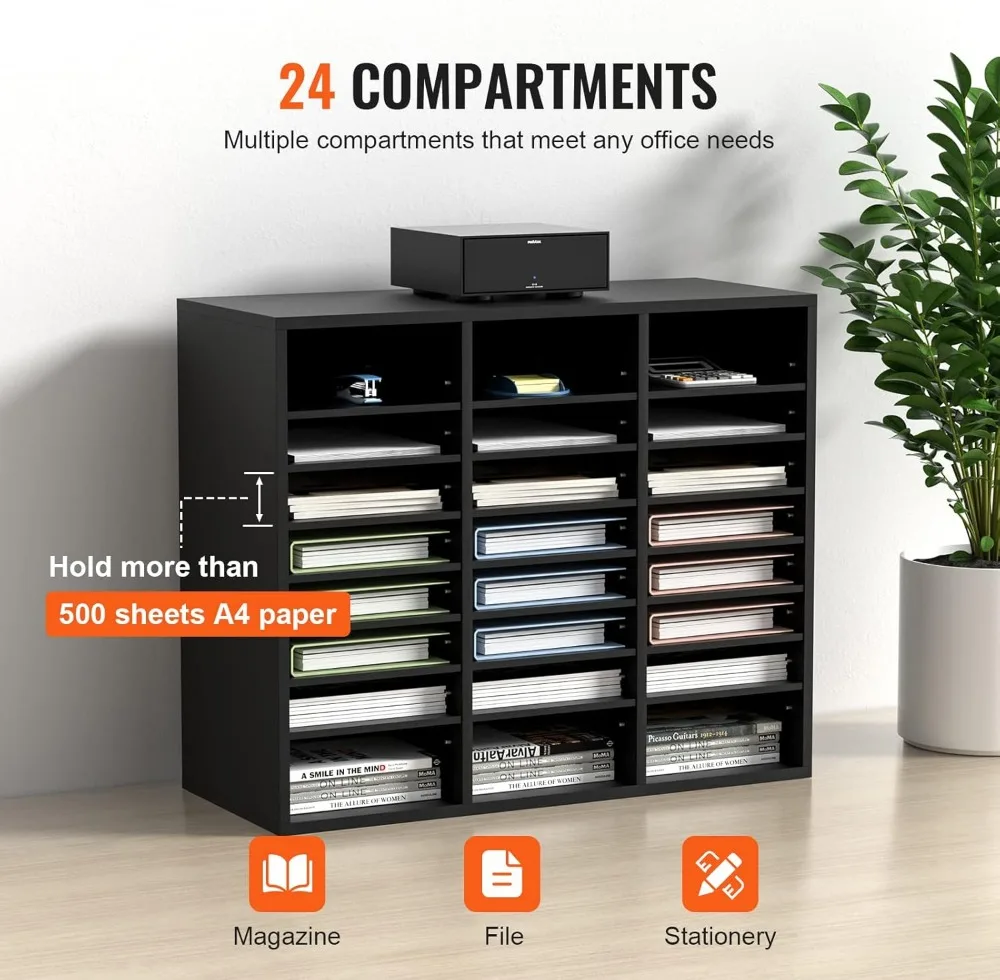 Organizer per letteratura in legno a 24 scomparti con ripiani regolabili, 29x12x24,4 pollici per ufficio, casa, aula