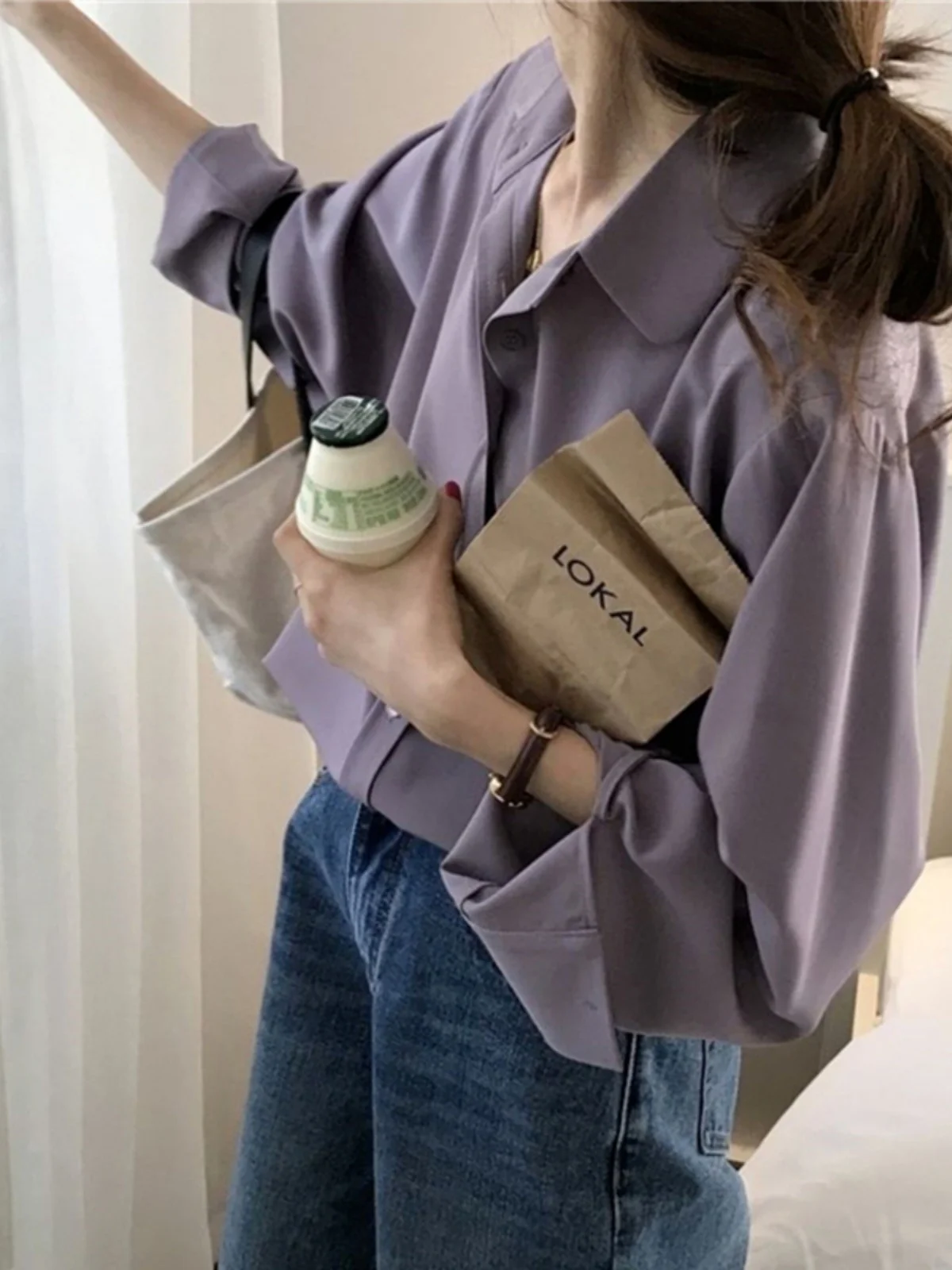 Camisa de gasa morada estilo retro de Hong Kong para mujer, manga larga, cuello alto, capa base, estilo coreano para ir al tr...