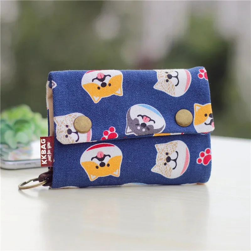 Canvas Cartoon Lucky Cat Printed Dog Women Fold Short Wallet Organizer Cute Mini Money Key Bag Coin Pocket Purse for Children
