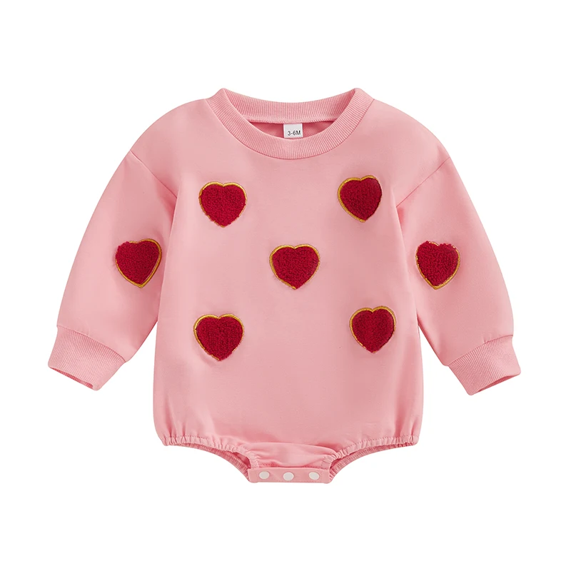 Baby Girl Valentine s Day Romper Heart Embroidery Long Sleeve Crew Neck Bubble Jumpsuit