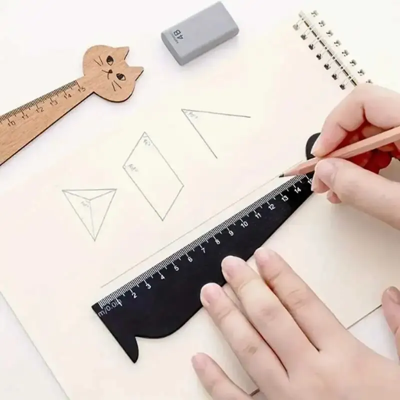 Creative Cartoon Cat Ruler Cat Drawing Ruler Cute Wooden Ruler Eco-friendly Retro Stationery Ruler Learning Supplies