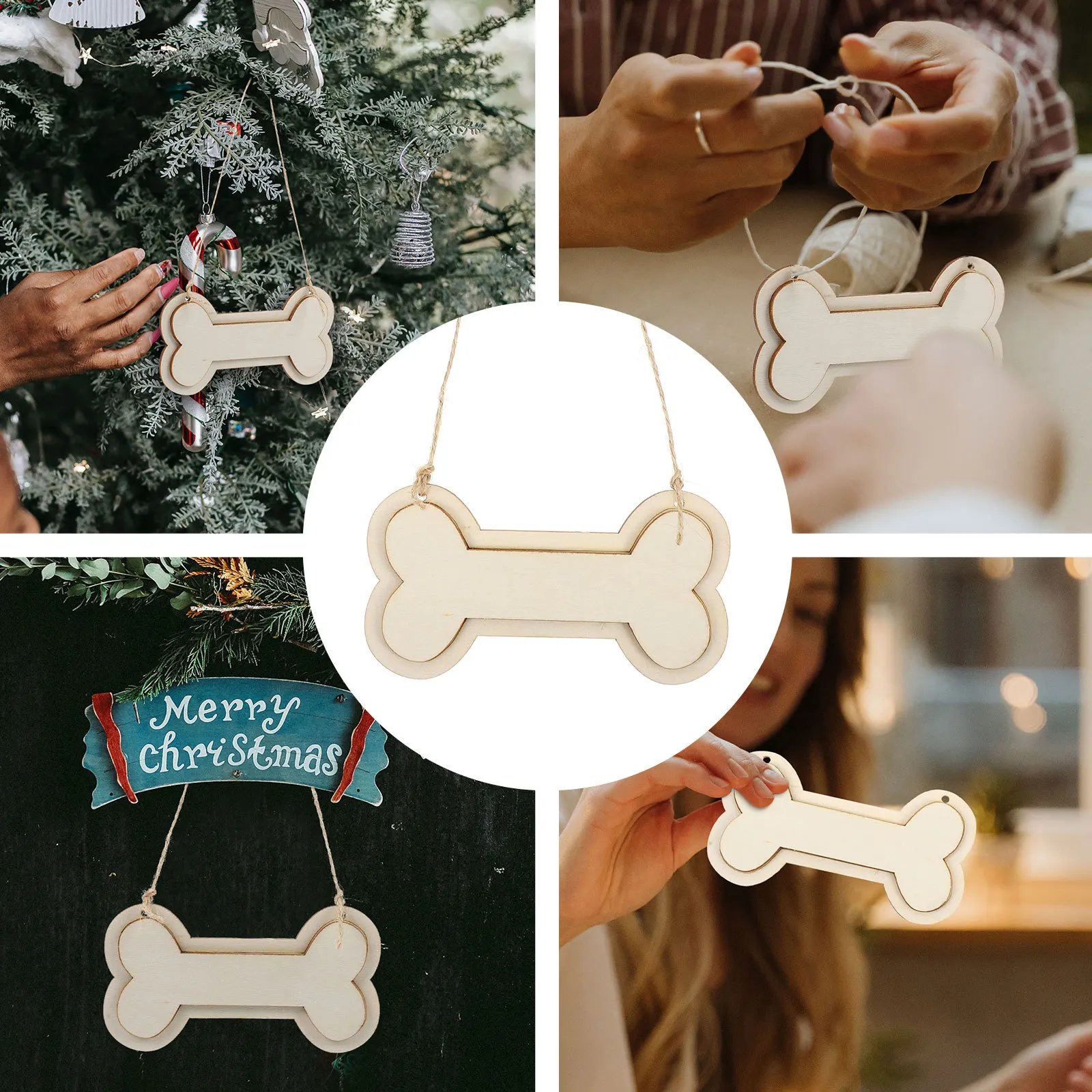 

30Pcs Wood Hanging Ornaments Dog Bone Shape DIY Blank Wooden Craft Slices Rope Decorations for Home Tree Christmas