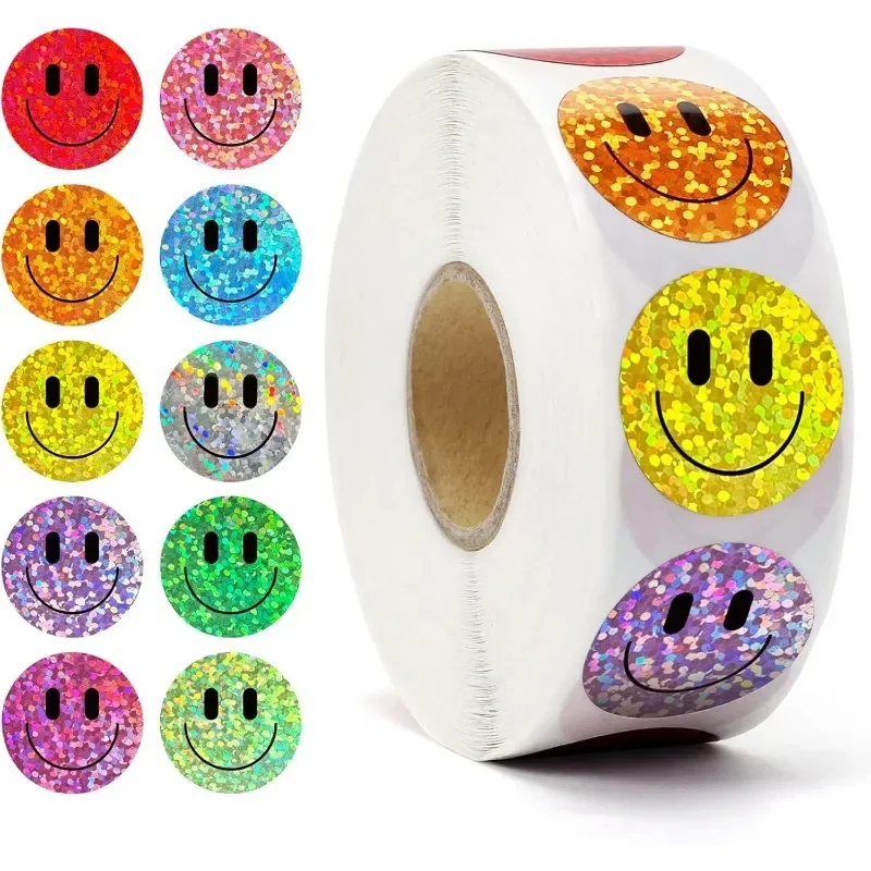 500 Pcs Smile Face Stickers Roll Laser Colorful Happy Face Sticker for Classroom Back to School Birthday Teacher Reward,1inch