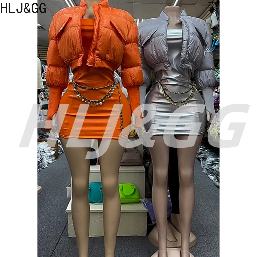 

HLJ&GG Sexy Leather Bodycon Mini Dress Two Piece Sets Women Cropped Puffer Warm Bubble Jackets And Dress Outfits Y2K Streetwear