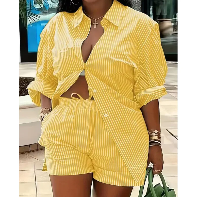 Ensemble deux pièces imprimé à rayures colorées pour femmes, tenue d\'été décontractée, chemise boutonnée à manches longues, short, mode