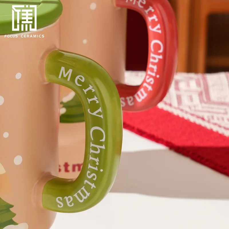 Creative Large Capacity Christmas Ceramic Cup with Lid Straw Cup for Home Use High-value Mug