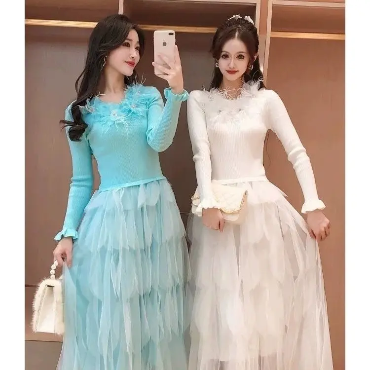 Elegant Embroidery Floral Knitted Maxi Dress Women Autumn Winter High End Brand Fashion Lady Slim Sweet Dress Party Robes C125