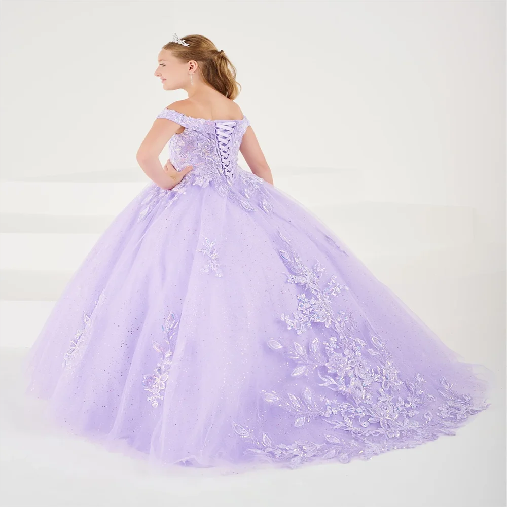 New Sky Blue Flower Girl Dress elegante Appliqué con scollo a v Off-The-spalla celebrazione della laurea battesimo Pageant Birthday Junior