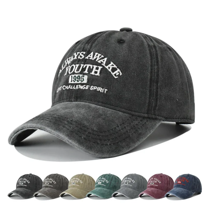 Washed Distressed Baseball Cap ALWAYS AWAKE YOUTH 1995 Embroidery Dad Hat Adjustable Curved Brim Casual Sun Hat for Men Women