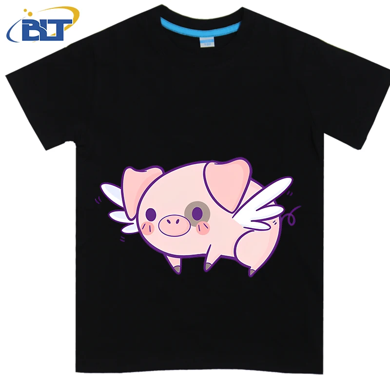 Flying Piggy Printed Kids Shirt Summer Cotton Short Sleeve Casual Tops Suitable for Boys and Girls