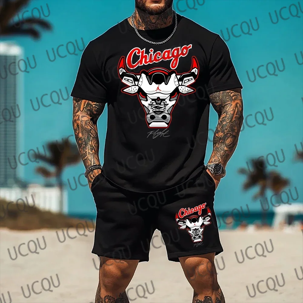 New 3D printed tiger print men's plus size sports and leisure round neck short sleeved shorts two-piece set for summer 2025