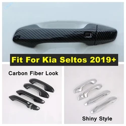 Carbon Fiber / Shiny Car Outside Door Pull Doorknob Handle Bowl Cover Trim For Kia Seltos 2019 - 2024 ABS Exterior Accessories