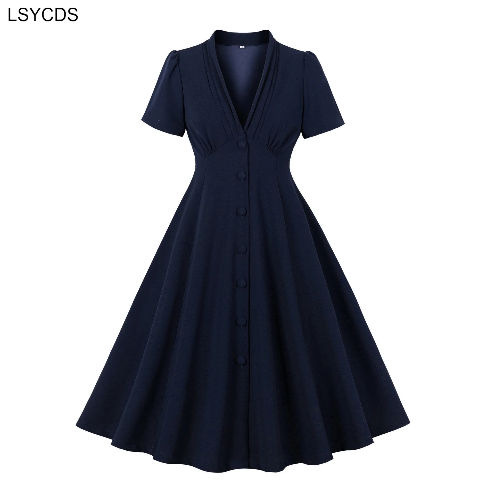 LSYCDS Sexy Ruched V-Neck High Waist Single Breasted Evening Party Dresses for Women 2024 Green Tie Back Vintage Swing Dress New