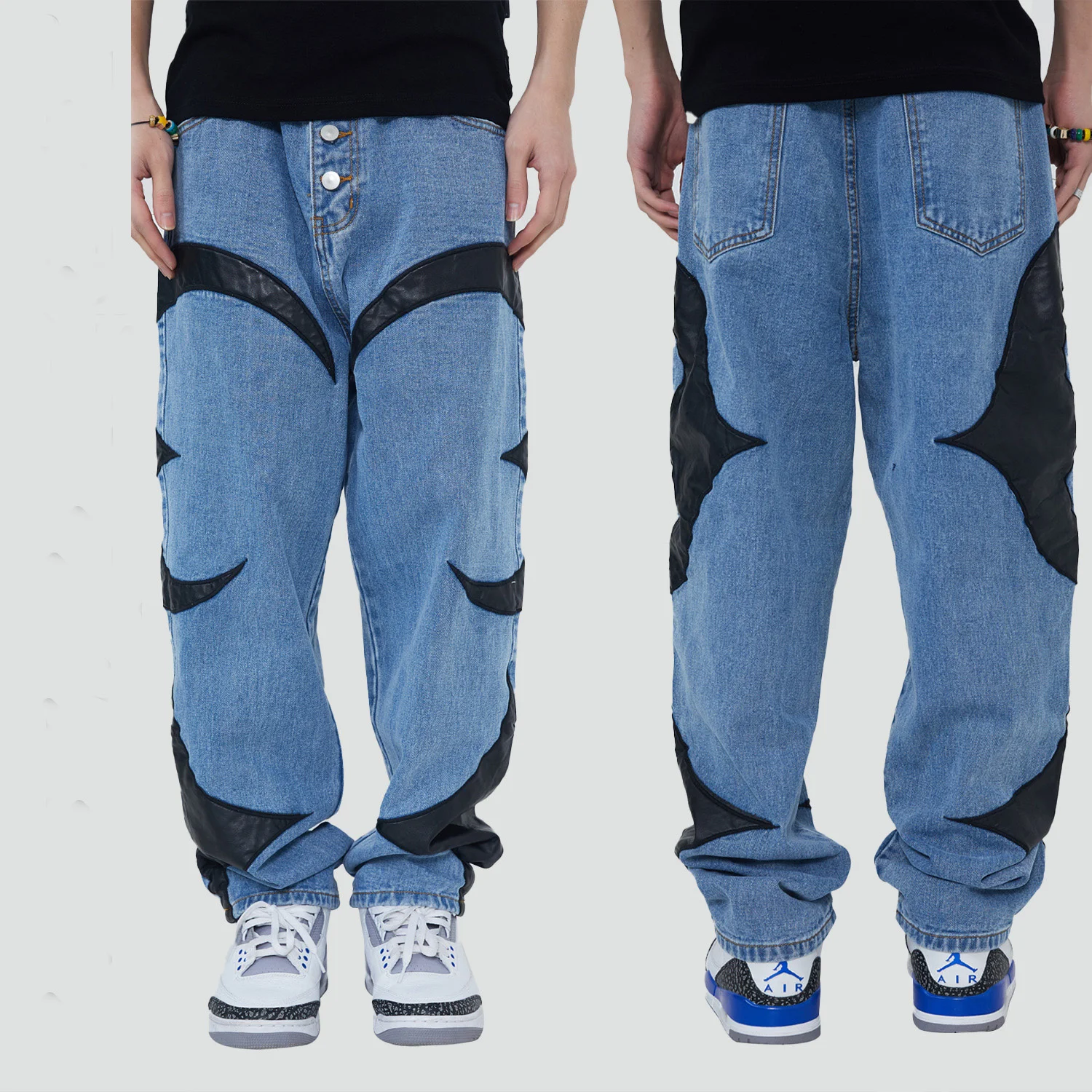 Hip-Hop Embroidery Leather Stitching Jeans Men Street Loose American Style Contrast Color Trousers Male