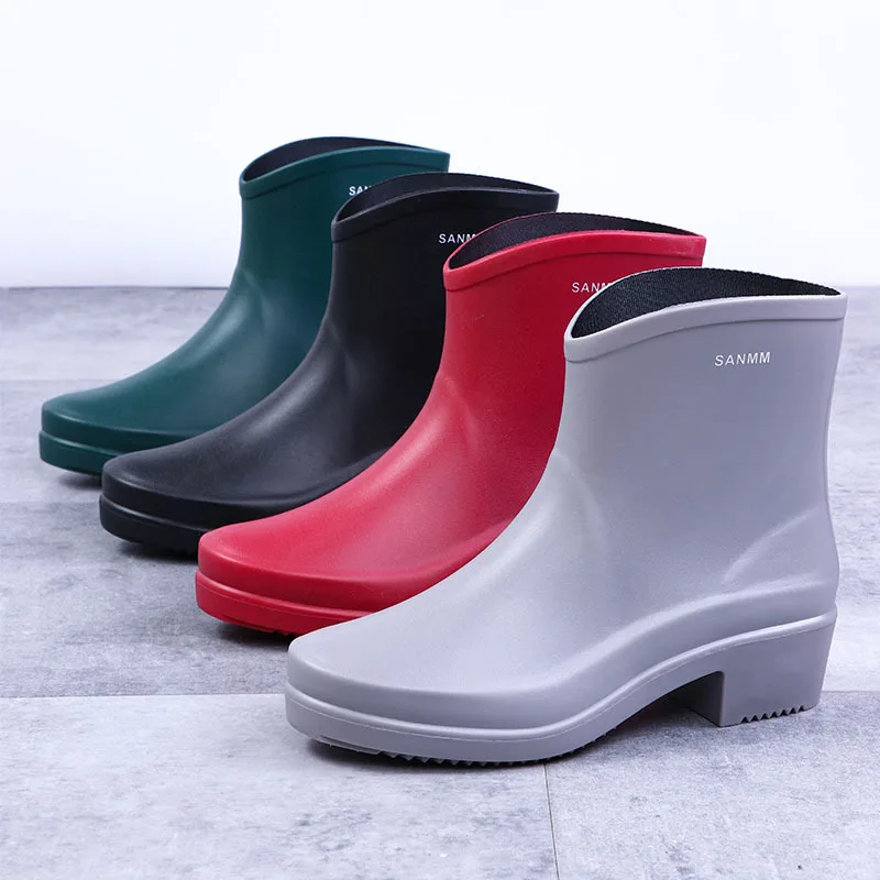 Botas de chuva em PVC com cano curto e salto alto para mulheres, sapatos de borracha impermeáveis, antiderrapantes, água de trabalho, transfronteiriço, moda adulta