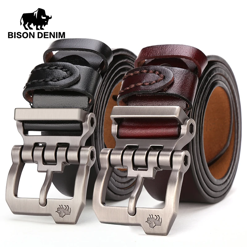 

BISON DENIM Genuine Leather Men Belt Quality Vintage Business Personality Pin Buckle Male Waist Straps For Jeans Gift For Men