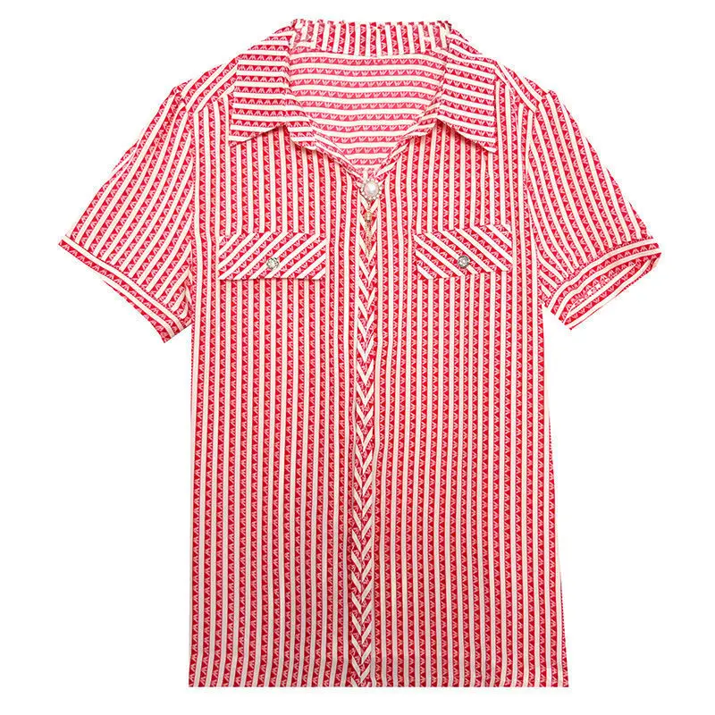 Vintage Summer New Striped Loose Plus Size Tops Tees Thin Short Sleeve Polo Neck Printing T Shirts Fashion Casual Women Clothing