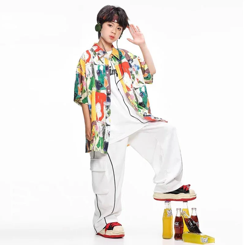 2024 New Children's Street Dance Trendy Clothing Boys Shirt Set Hiphop Loose Trendy Performance Outfits Catwalk Show Wear XH816