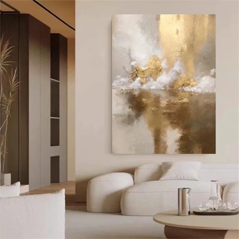 

Large Scale Abstract Gold Foil Landscape Painting, Century Giant Wave Handmade Oil Painting, Minimalist Wall Decoration Wall
