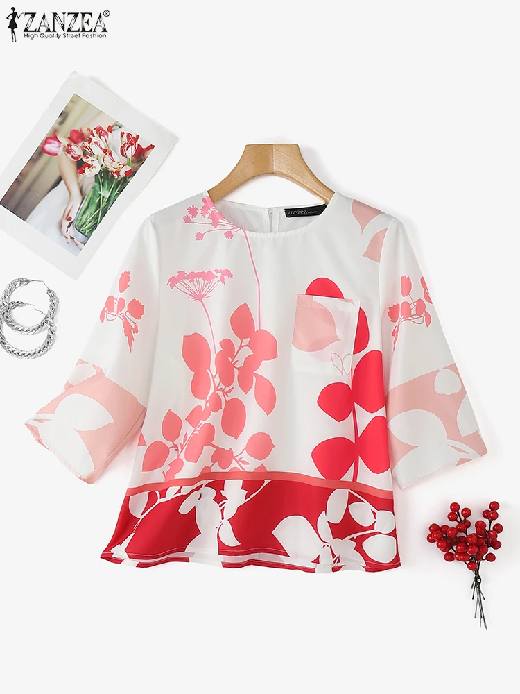 

ZANZEA, модные женские топы, летняя блузка, туника 2024, винтажные рубашки с принтом, повседневные свободные блузки с рукавами 3/4, женские большие размеры