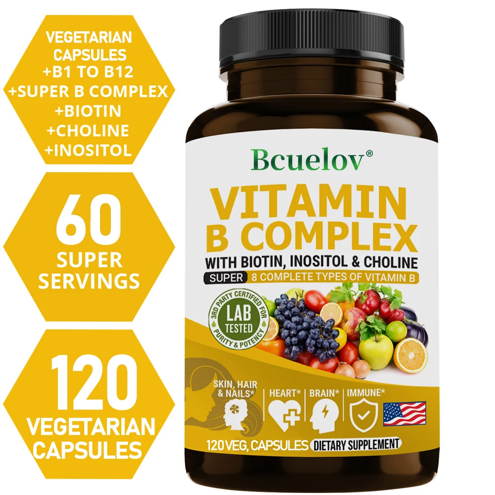 Vitamin B Complex - B1 B2 B3 B5 B6 B7 B9 B12 Biotin Choline Niacin - Brain, Skin, Hair, Nervous System, Immunity, Metabolism