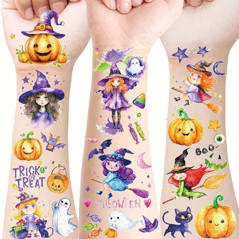 12-Piece Glittery Halloween Temporary Tattoo Set - Cartoon Witch, Pumpkin and Girls Party. Gift Decoration, Lasts 2-5 Days