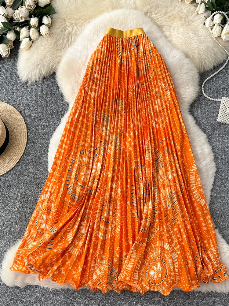 Femmes rétro imprimé taille haute minceur a-ligne jupe plissée mi-longue vacances bord de mer Style grande balançoire déplacements faldas SK081