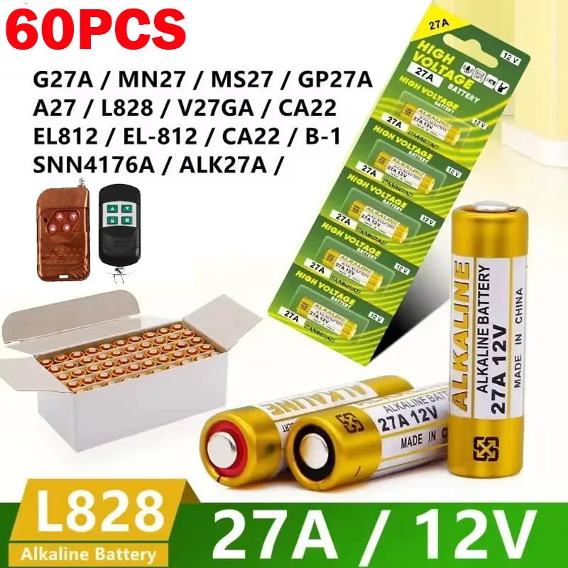 

60 PiecesA27 27A Alkaline Battery 12V G27A MN27 MS27 GP27A ALK27A A27BP K27A L828 V27GA VR27 R27A Alarm Remote ControlDryBattery