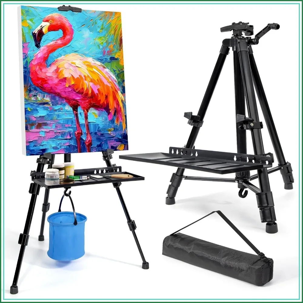 Adjustable Height 20"-61" Metal Tripod Easel Stand for Painting Canvases with Tray, Bag, Folding Keg, Black