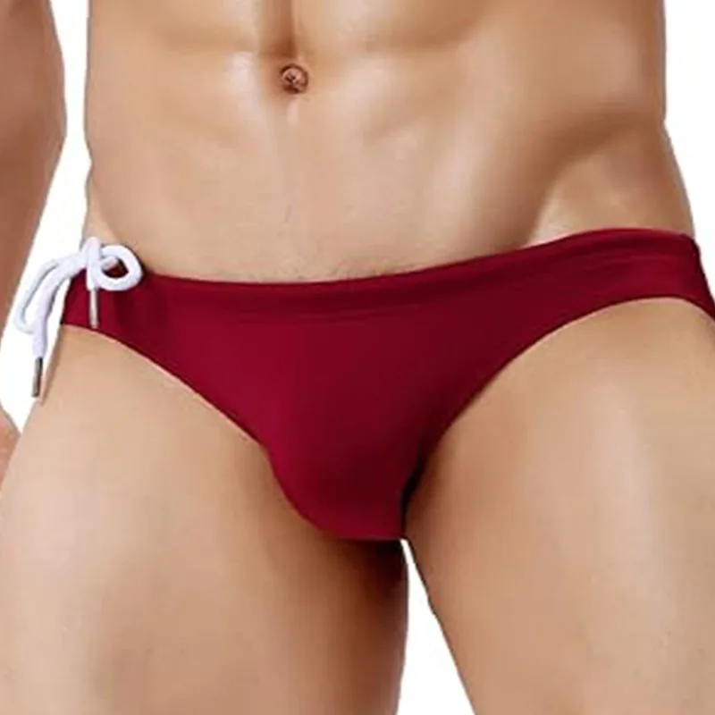 2025 new men's triangular red drawstring lace-up sports and leisure fashion anti-light beach swimming trunks E9J214