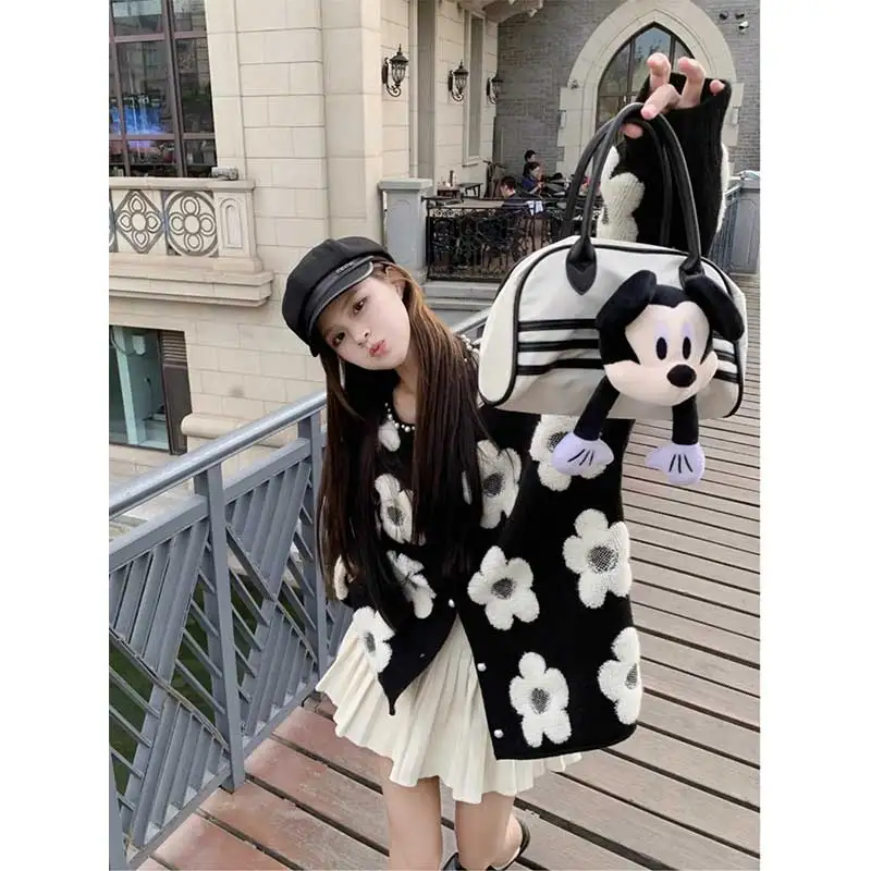 

Women Clothing Autumn Winter Fashion Korean Button Printing Solid Color Knitting O-neck Female All-match Lazy Wind Sweater Coat