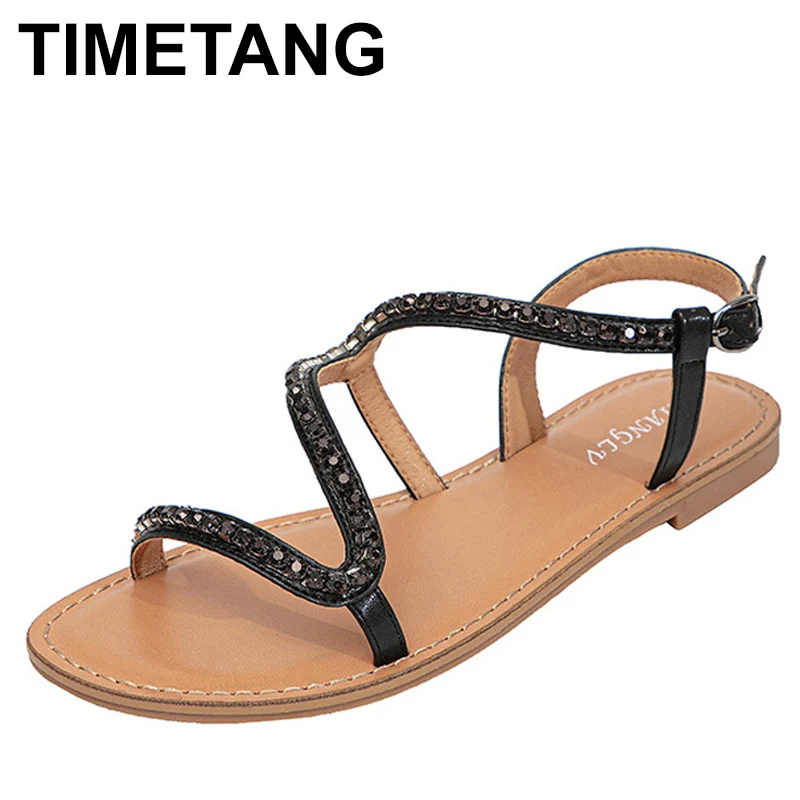 Women Snakelike String Crystal Sandals Back Buckle Strap Black Beige Flat Sandalia Round Toe Anti-Skid Etiquette Wide Fit 42 36