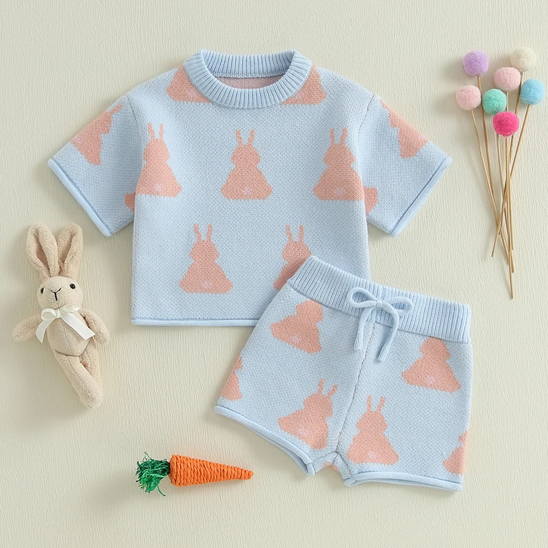 Toddler Girls Easter Outfit Bunny Print Knitted Short Sleeves T-Shirt and Elastic Shorts Set Cute 2 Piece Clothes