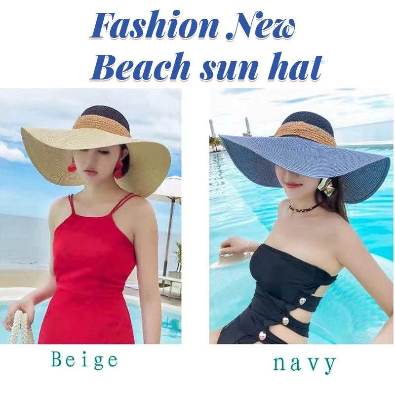 Female Summer Big Brim Splicing Color Straw Hat Fashion Sun Protection Beach Sun Hat Foldable Spring Outing Basin Cap Wholesale