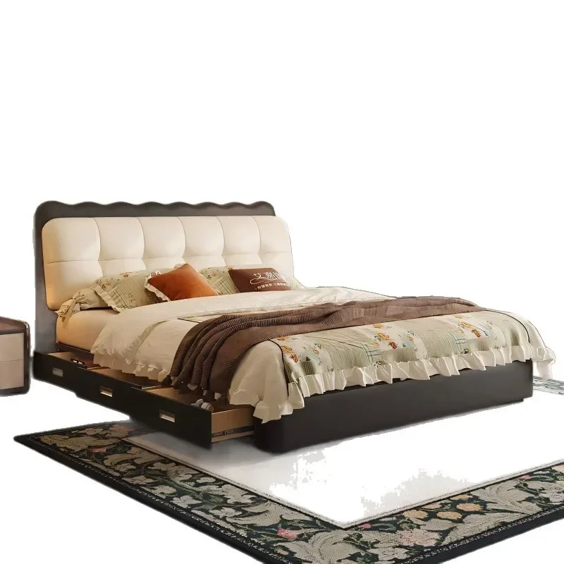 

Cream wind retro bed master bedroom soft bag bed, Italian modern simple ripple bed retro wind double bed