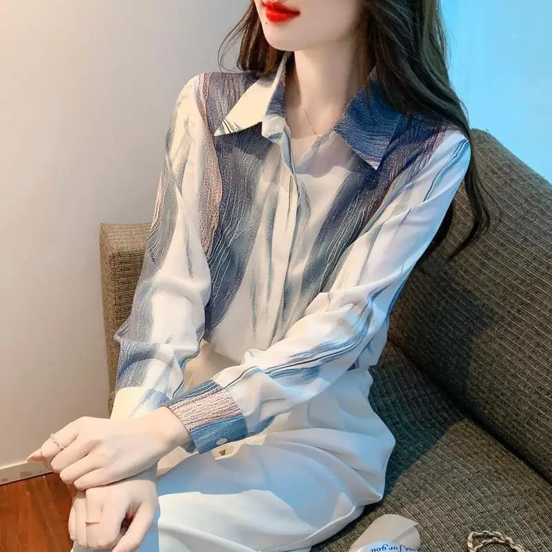 Fashion Long Sleeved Loose Shirt Spring Autumn Women\'s Clothing 2023 New Turn-down Collar Ink Gradient Chiffon Cardigan Blouses