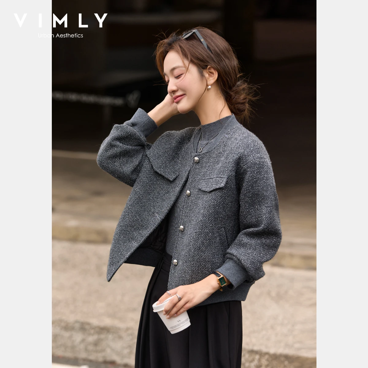 เสื้อโค้ท VIMLY รุ่นหรูหราสำหรับผู้หญิง ฤดูหนาว 2025 ผ้าผสมขนสัตว์ กลิ่นหอมอ่อนๆ ทรงแจ็คเก็ต คอทรงกลม ทรงตรง หนา อุปกรณ์สวมทับสำหรับผู้หญิง รุ่น A3538