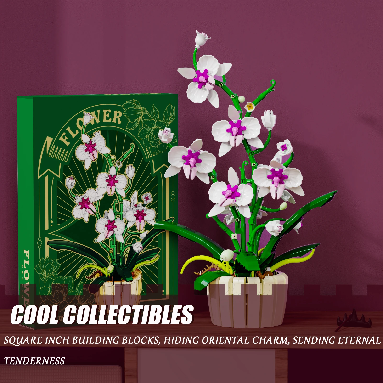 ชุดตัวต่อดอกกล้วยไม้สีขาว-ม่วง— แต่ละชิ้นของตัวต่อรูปดอกไม้จะมีลวดลายสลักอย่างละเอียด เหมาะสำหรับตกแต่งบ้านหรือใช้เป็นของตกแต่ง