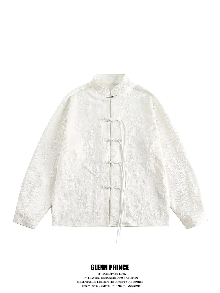 

New Chinese Sle Long Sve irt Men's Spring New Tang Costume irt Coat Tassel Embroidery Traditional Pattern Loose Fit