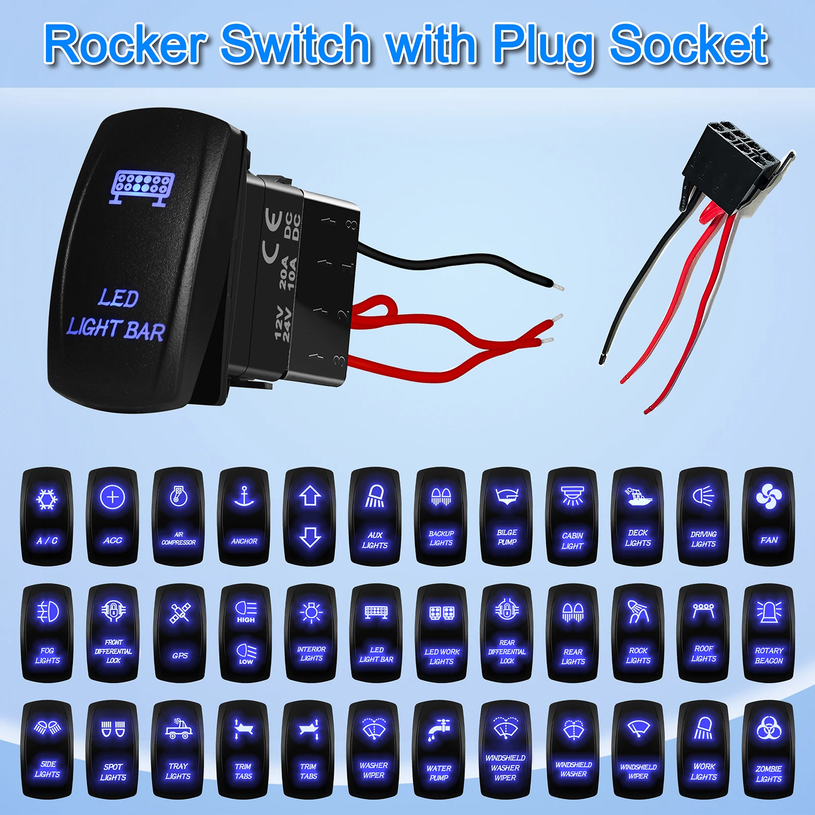 

12V Blue Led Rocker Switch & Plug Connect Box Socket ON OFF Led Light Bar Marine Car Toggle Switch for ARB Carling RV Dash Panel