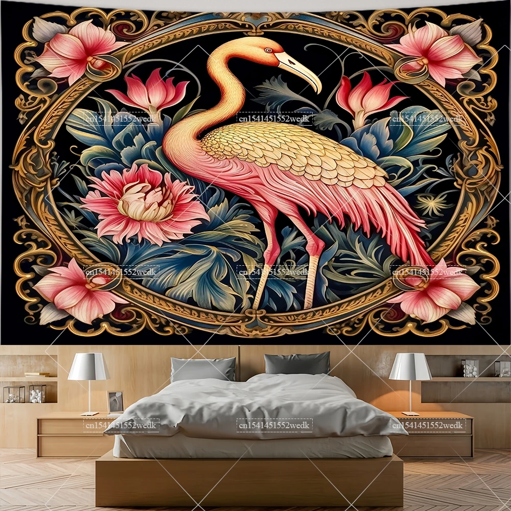열대 플라밍고 태피스트리 벽 교수형 히비스커스 꽃 태피스트리 미적 방 장식 동물 풍경 태피스트리 3D 배경 화면