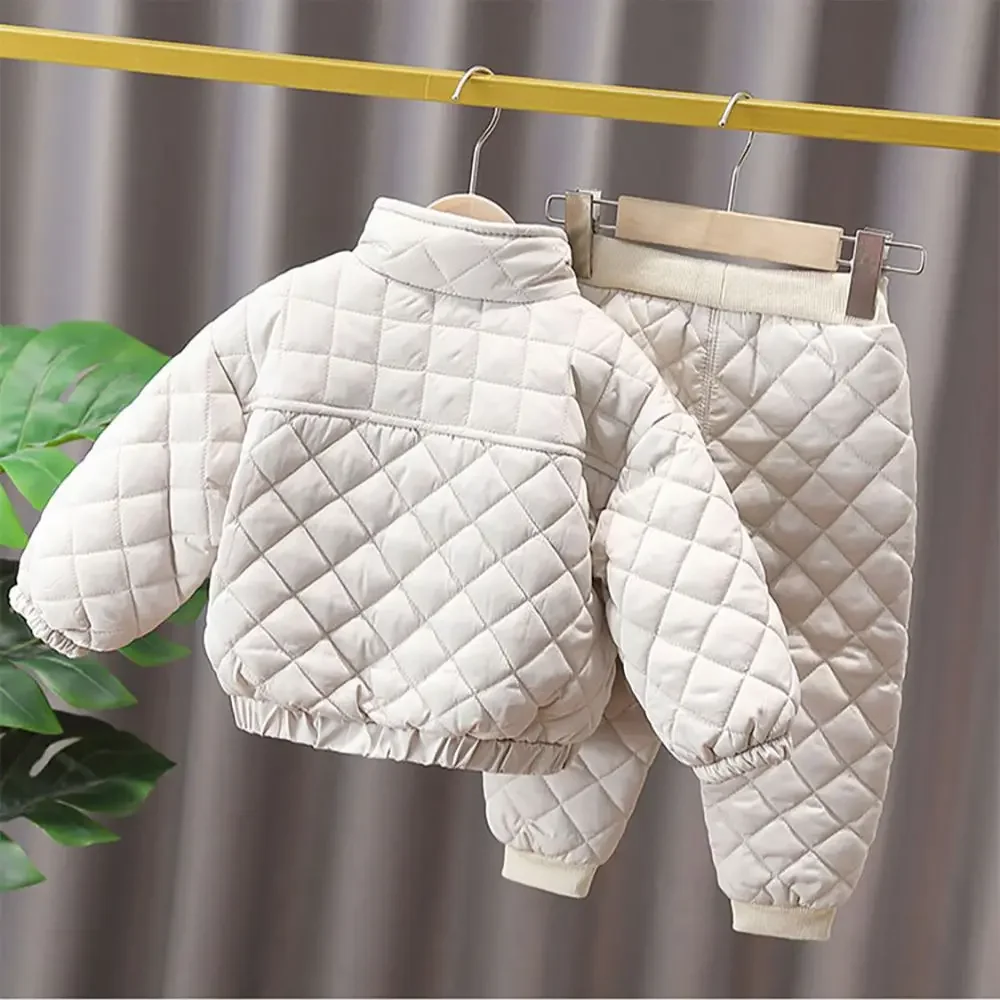 2-6Y Cute Girls Cotton Padded Clothes Sets Winter Solid Plaid Single-Breasted Coats+Pants 2Pcs Thick Warm Kids Outerwear Suits