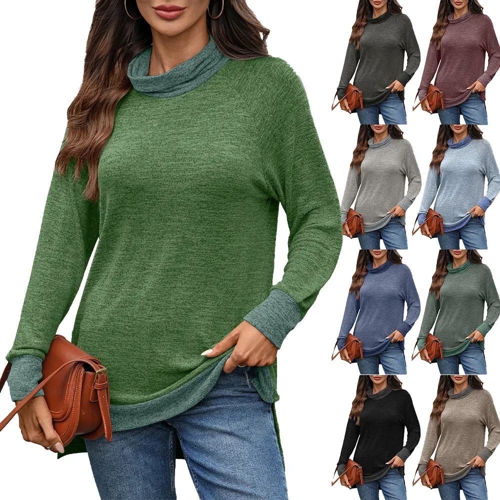 

Women's Autumn Winter New Style Fashion Casual Top Silk Material Loose Long Sleeve High Collar Color Block T-Shirt