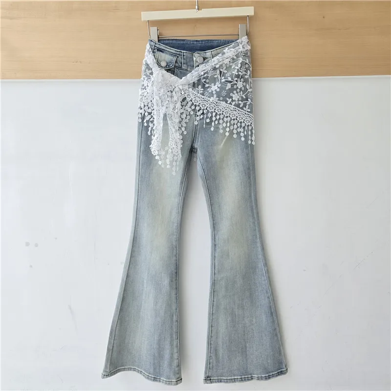 Bootcut Jeans Denim Pant Women Vintage Washed High Waist Straight Trousers Slim Fit Lace Tassel Y2k Streetwear Casual summer